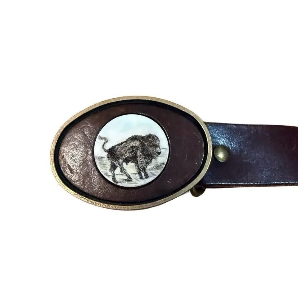 BTS Brass Belt Buckle Leather Stone Inlay & Bison U.S.A. Made